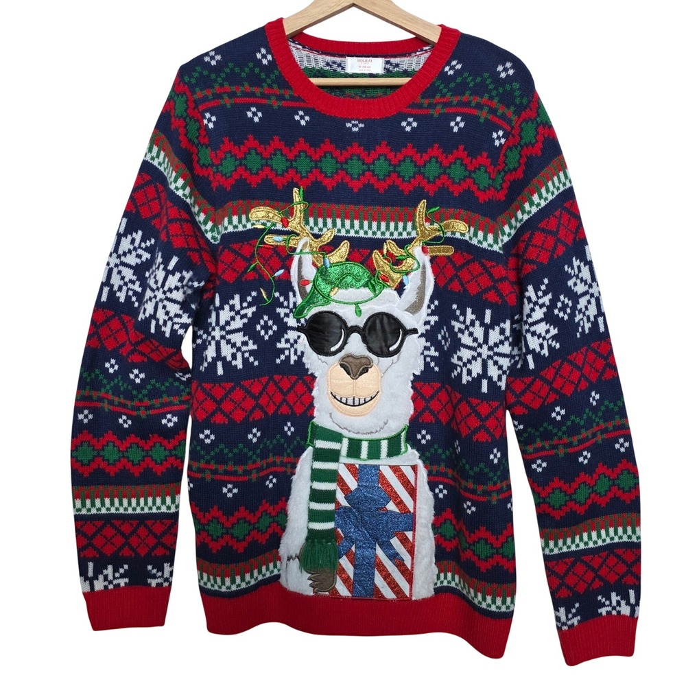 Holiday Time Llama Christmas Sweater Mens Medium Blue Excellent Fair Isle Knit